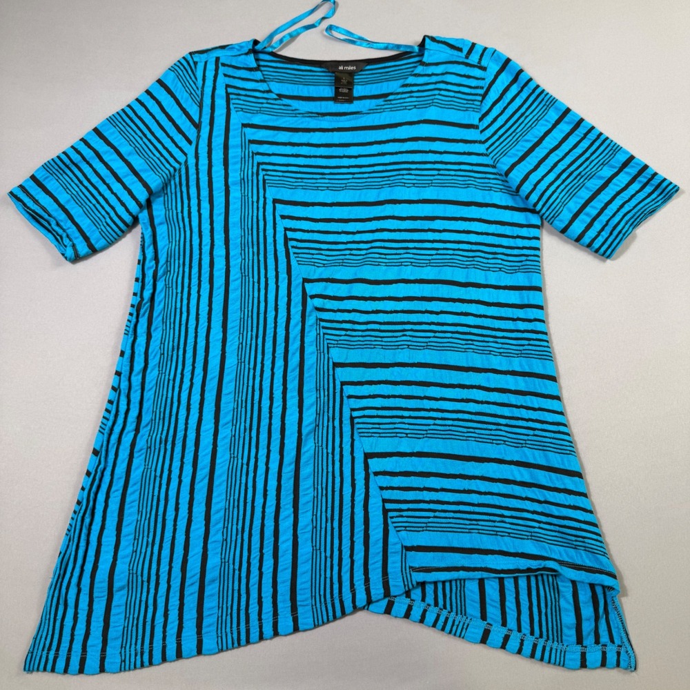 Ali‎ Miles Tunic Top Womens Large Blue Black Striped Asymmetrical Sharkbite Hem